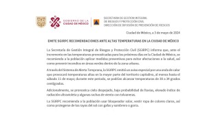 EMITE SGIRPC RECOMENDACIONES ANTE ALTAS TEMPERATURAS EN LA CIUDAD DE MÉXICO